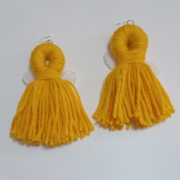New Boho Vacation Cruise Yellow Tassel Floral Accent Handmade Statement Earrings - Picture 3 of 3
